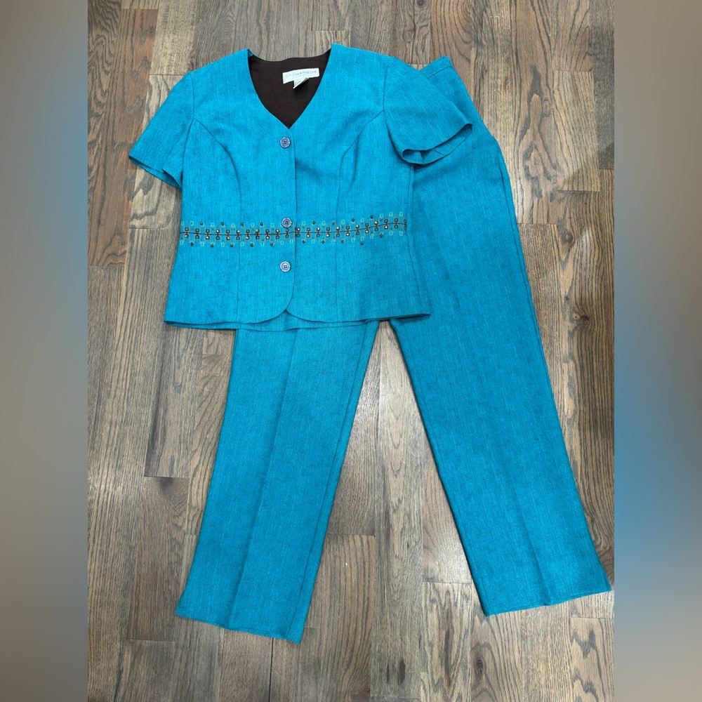 Vintage Sag Harbor Sz 10 2 Piece Pant Set W Button Short Sleeve Jacket Matching